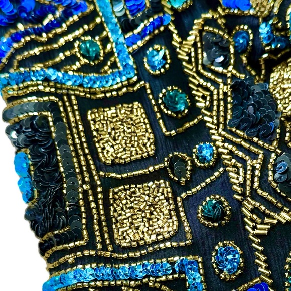 👠 💎 SCALA Vintage 80s Beaded & Sequined Jacket | Gold Green Blue Collector Sz M - Picture 4 of 8